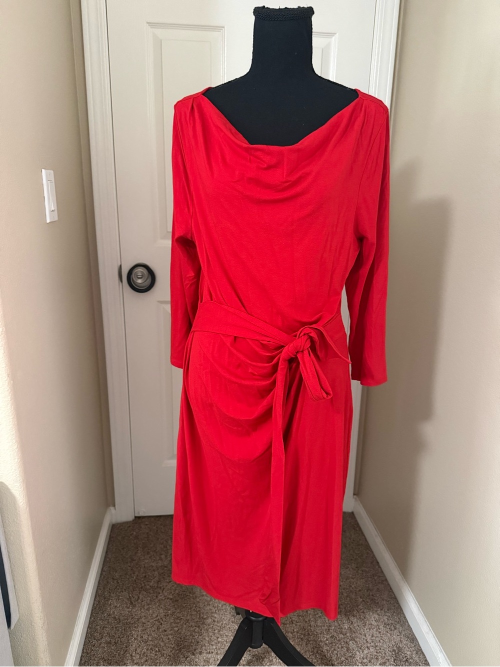Ann Taylor Bright Red Draped Cowl-Neck Long Sleeve Dress with Tie Waist